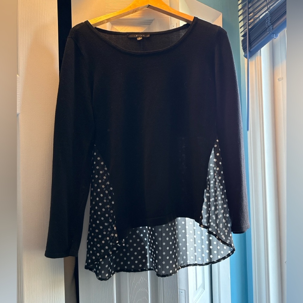 High low long sleeve, sheer polka dot back